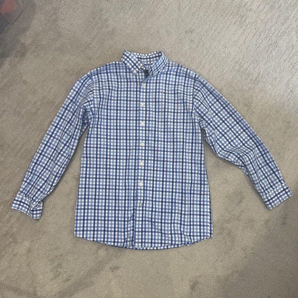 Vineyard Vines Button Up Dress Shirt Size Large  (16-18) Blue Plaid Whale Shirt‎